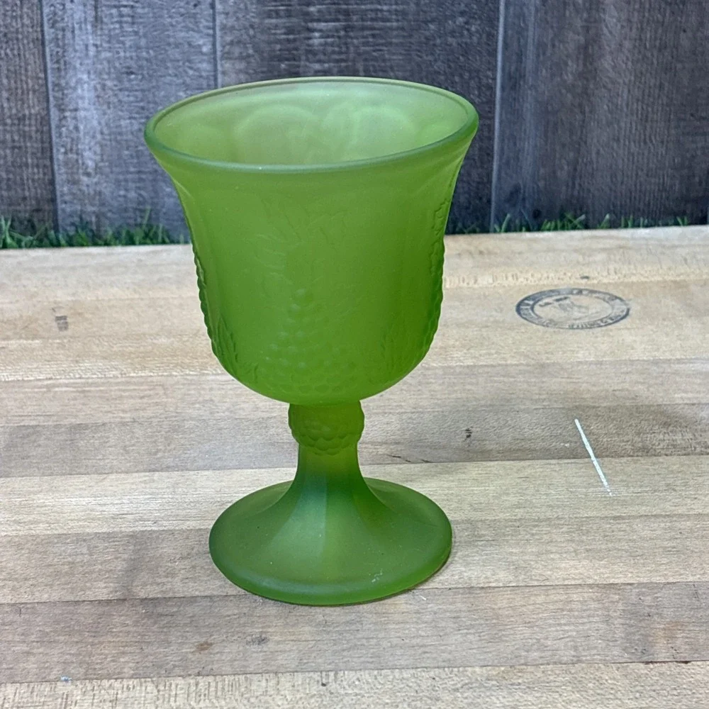 Vintage 1970s Indiana Glass Harvest Grape Green Satin Frosted Goblet Pedestal